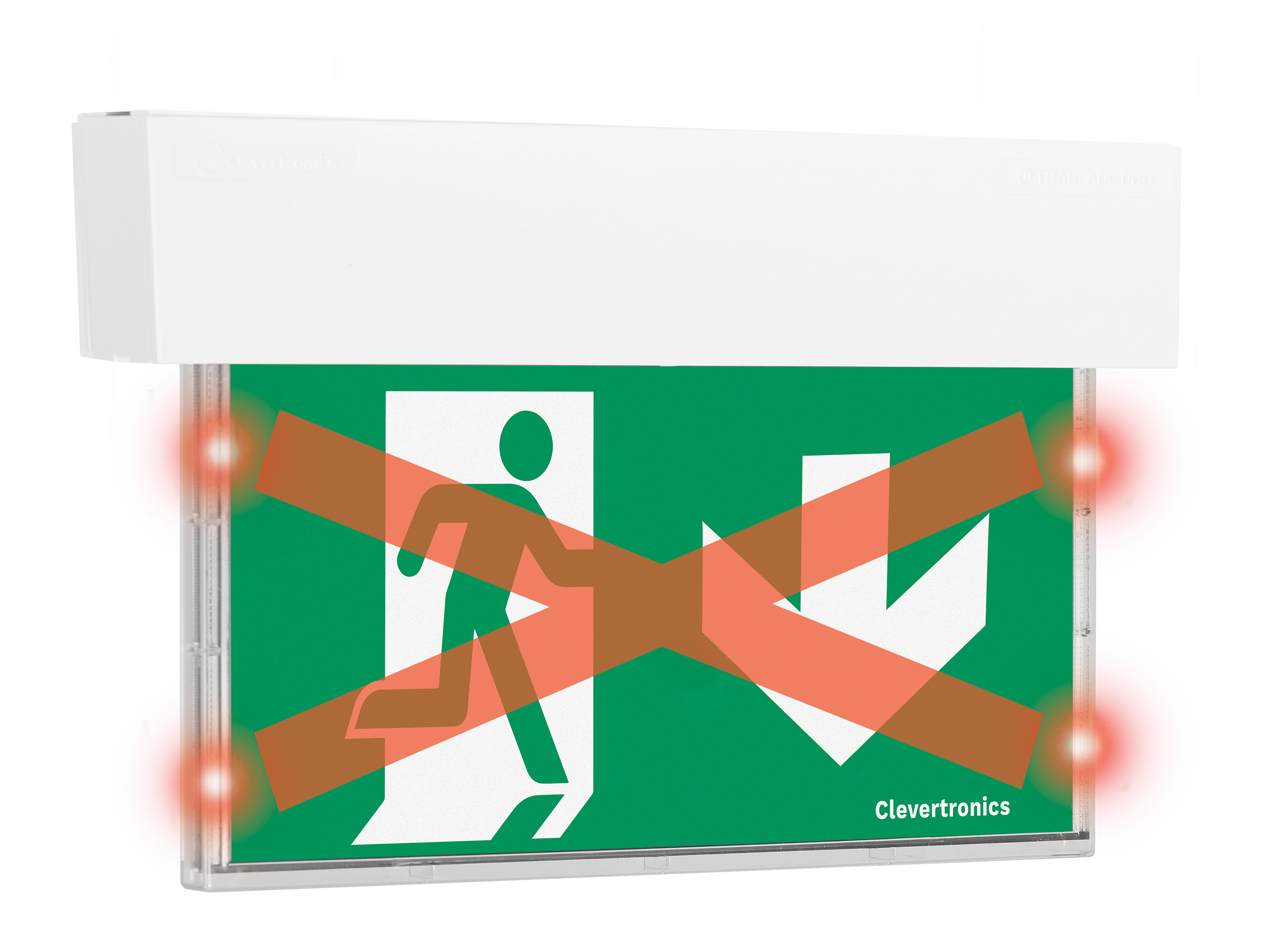 CleverEvac Dynamic Red X Exit, Ceiling Mount, CLP, Running Man Arrow Down, Single Sided